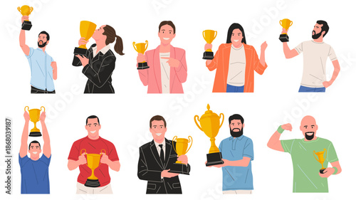 Happy people holding golden trophy cups in different poses. Flat vector illustration of winners celebrating success, achievement, victory, award ceremony, championship concept, and motivation theme.