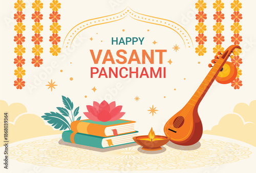 Celebration of knowledge and music with traditional elements for happy vasant panchami