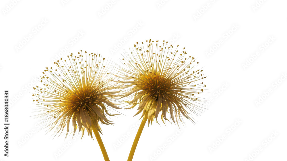 Obraz premium Closeup of two dandelion seed heads with delicate seeds on long stems isolated on transparent background