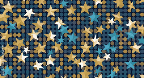 Vibrant festive background with golden and blue stars mixed with polka dots creating a cheerful pattern