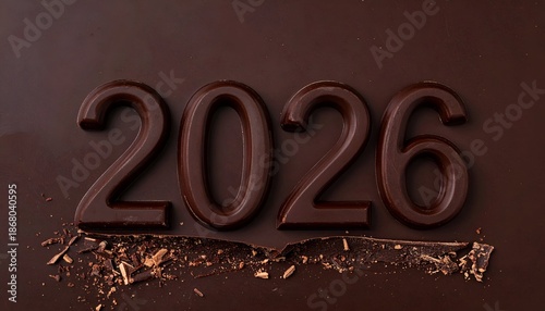 Dark chocolate base with the year 2026 sculpted and fragments of the base