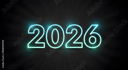 Bright neon light effect 2026 text with glowing outline on dark striped background