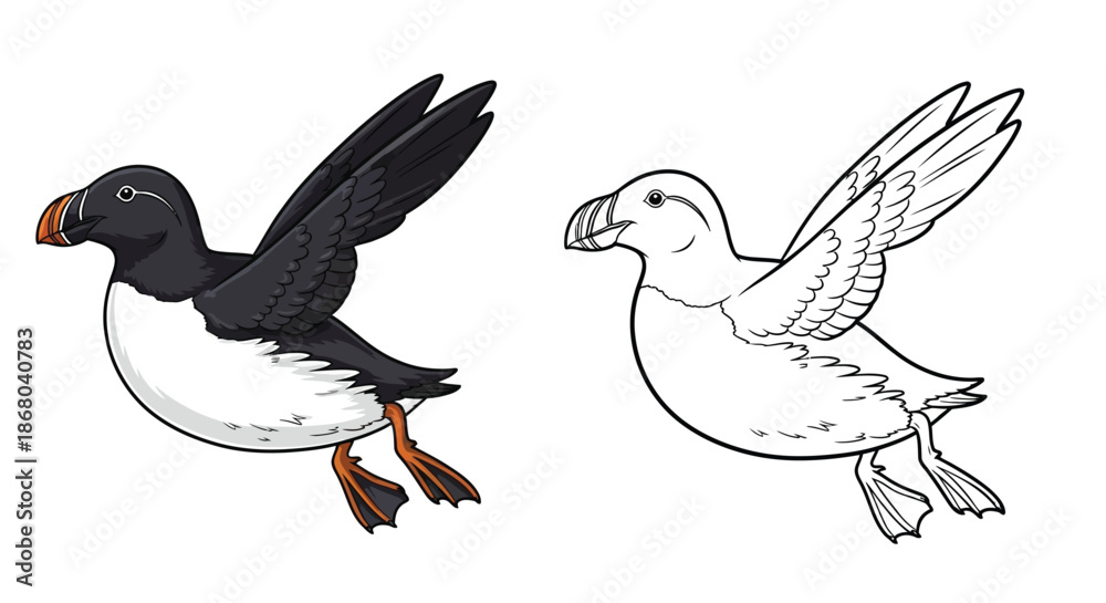 Fototapeta premium Atlantic Puffin Flying Bird Black White Stock Illustration High Contrast Coastal Wildlife Art