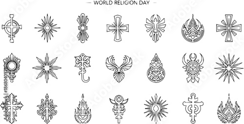 World Religion Day Symbols Collection: Diverse Religious Icons in Black and White Line Art