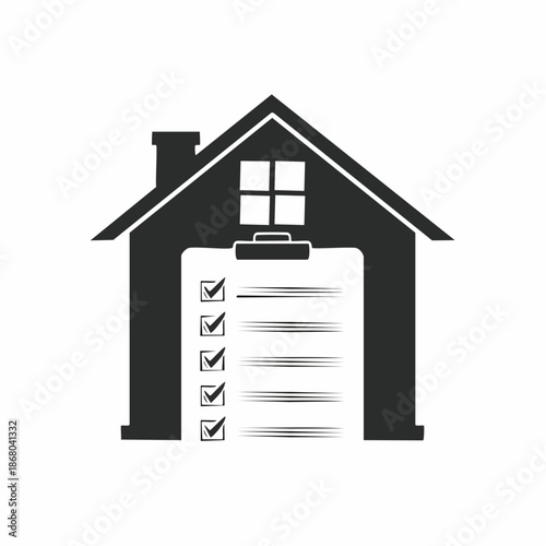Simple house icon with checklist on clipboard attached to the front