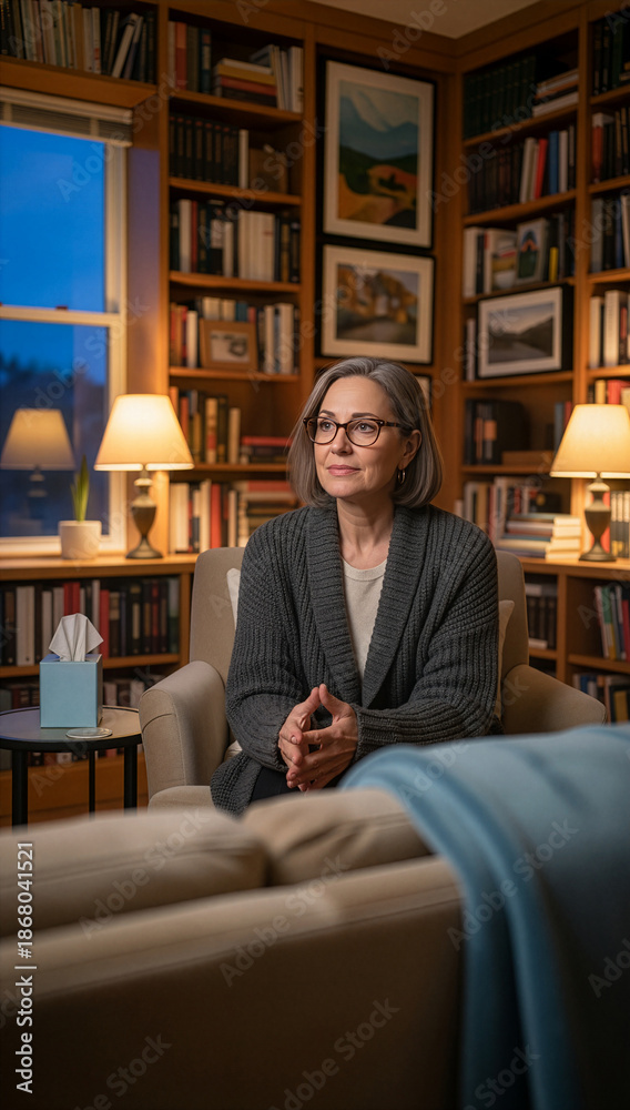 Fototapeta premium Mature woman with glasses and gray hair sits thoughtfully in a cozy home library. Surrounded by shelves of books and warm lighting. Image made using Generative AI.