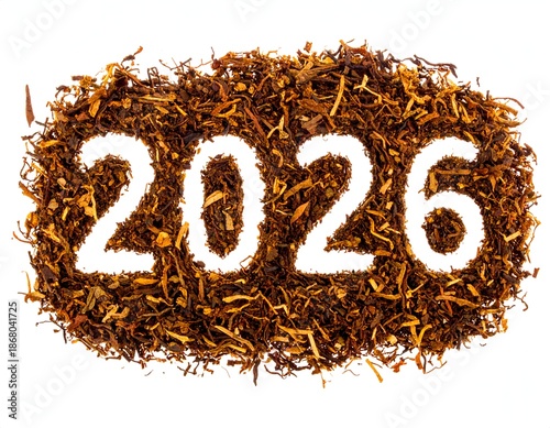 Year 2026 formed by white negative space against dried tobacco