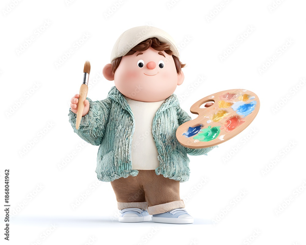 Fototapeta premium Artistic 3d rendered chubby character holding a wooden palette and paint brush ready to create a masterpiece on canvas in a colorful art studio