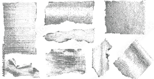 Collection of monochrome abstract textures and created with stippling and line techniques, featuring torn edges, varying densities, and geometric patterns