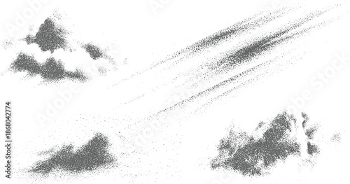 Abstract stippled cloud-like formations and streaking lines in monochrome gray, evoking a sense of movement and texture for backgrounds