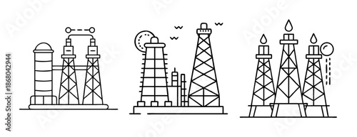 Industrial power plant and oil rig icons, energy production line art