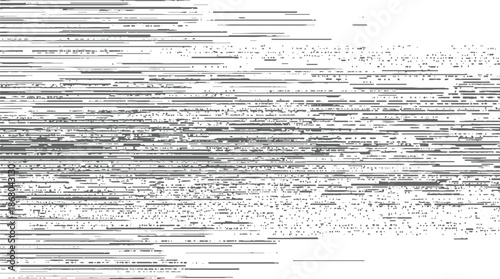 Complex abstract grayscale background with dense horizontal lines and scattered dots forming a digital glitch or data stream effect, technology or industrial themes