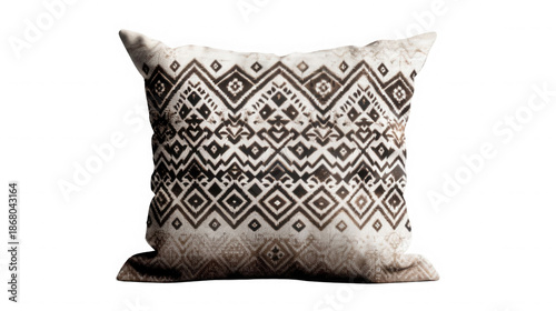 Small decorative square throw pillow featuring a detailed brown and white geometric tribal pattern for cozy interior design on transparent background