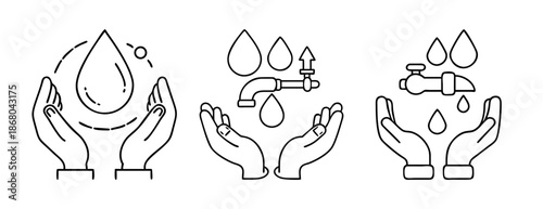 Water conservation, supply, and hygiene concept line icons set for web