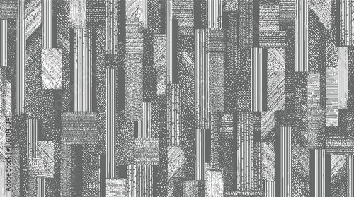 Collage of diverse textured rectangular blocks filled with various linear and stippled patterns creating a complex abstract background with a rich tactile