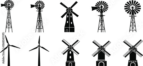 Windmill silhouette, wind turbine vector, black icon, renewable energy, traditional mill, rural power, graphic, illustration, eco design, technologyWindmill silhouette, wind turbine vector, black icon