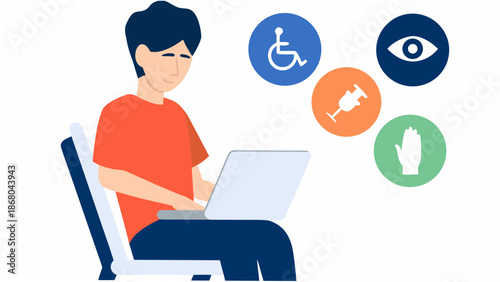 Man using laptop with accessibility symbols nearby