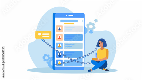 Woman feeling trapped by social media chains on smartphone