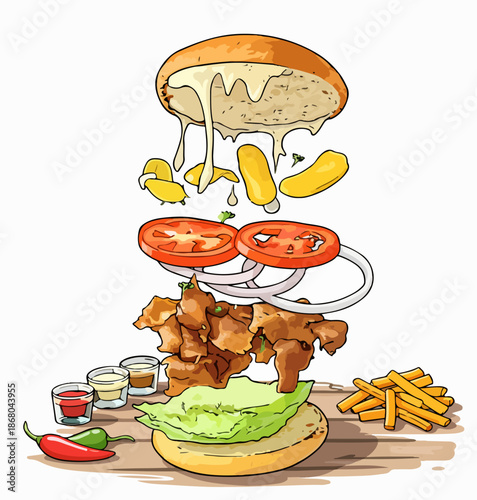 Appetizing components of a giant burger prepared with layered ingredients floating in the air.