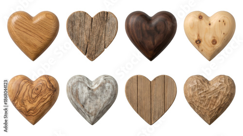 Wooden heart set including carved, polished, rustic, grain, and textured variants isolated. Decorative timber symbols for craft and love.