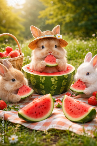 Cute Rabbits Eating Watermelon During Summer Picnic in Meadow