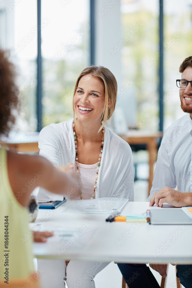 Obraz premium Handshake, deal and business people in office for meeting, finance negotiation or partnership. Collaboration, contract and financial advisors shaking hands with client for investment agreement.