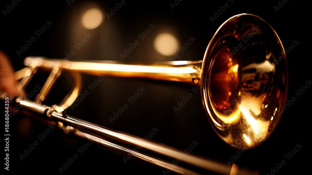 Obraz premium Close-Up of a Gleaming Brass Trombone with Soft Background Lights
