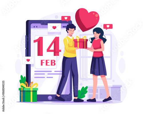 Valentine’s Day illustration of a couple exchanging a gift in front of a giant smartphone screen with 14 February date, heart icons, and notifications, flat modern artwork for love, dating apps,