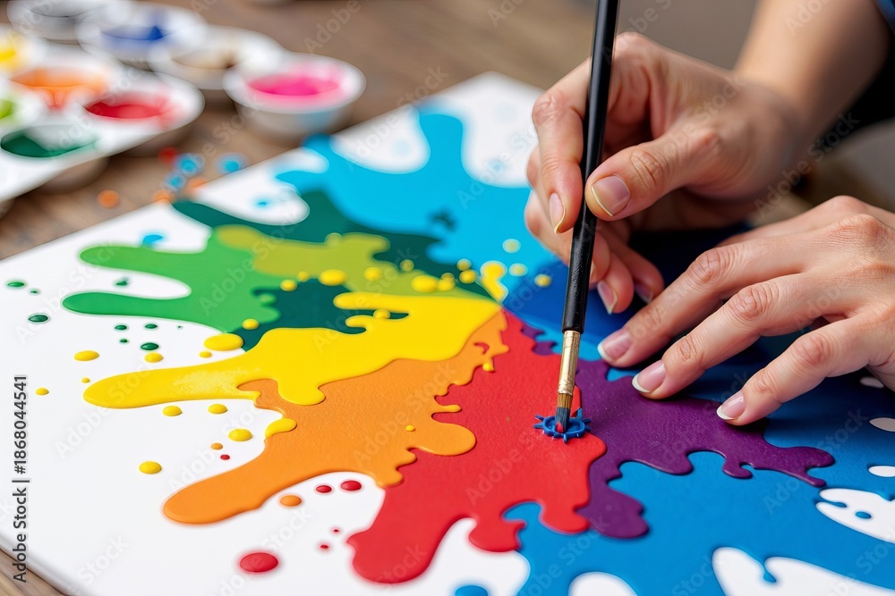 Naklejka premium Creating Colorful Art: Hands at Work with Paintbrushes on a Canvas