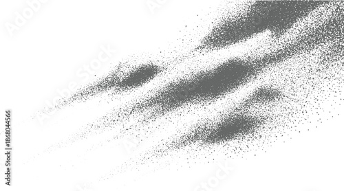 Abstract grayscale stippled texture with scattered dots forming organic shapes against a clean white background, suggesting movement and depth