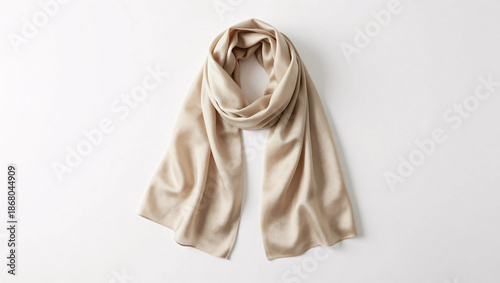 A luxurious beige silk scarf is elegantly draped against a clean white background, highlighting its soft, glossy texture and classic appeal.