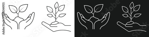 Hand holding leaf plant energy icon set. Eco-friendly black and white flat icons set. Two hands and one hand holding black thin line plant with leafs icon. Plant energy. Vector illustration.
