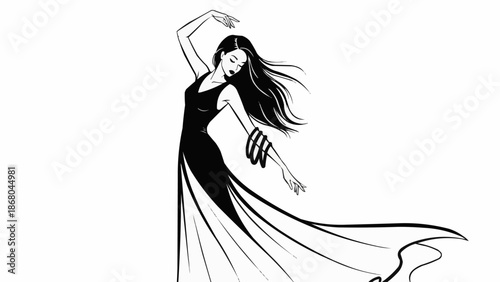 Elegant Woman Dancing in a Flowing Black Dress.