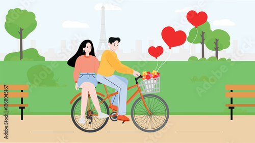 Illustration of a happy couple riding a bicycle together in a park with heart balloons and city skyline, romantic flat design scene for Valentine’s Day, dating, and modern love concepts

