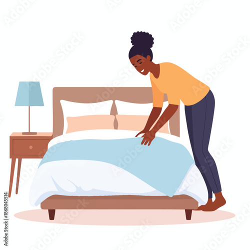 Woman making her bed in a serene bedroom with a calm atmosphere