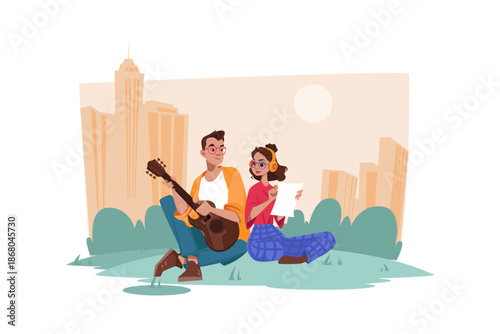 Illustration of a couple sitting on grass in the city park, man playing guitar while woman reads lyrics, romantic flat design artwork for music, dating, Valentine’s Day, and modern love stories

