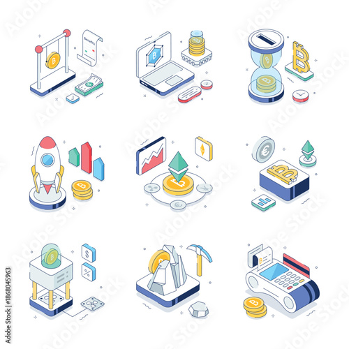 Creatively crafted digital assets and blockchain isometric illustrations pack