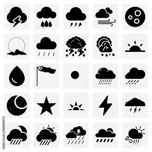 Stormy And Rainy Weather Illustrations – Thunderbolts, Raindrops, And Windy Clouds For Forecast Apps And Websites.