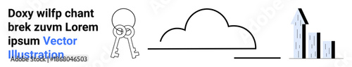 Cloud computing, data security, encryption, data access, growth analytics, backup solutions. Keys, a cloud symbol and a bar chart with an upward arrow. Data security and cloud computing concept