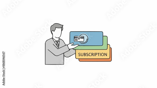 Businessman holding subscription cards and documents for business services.