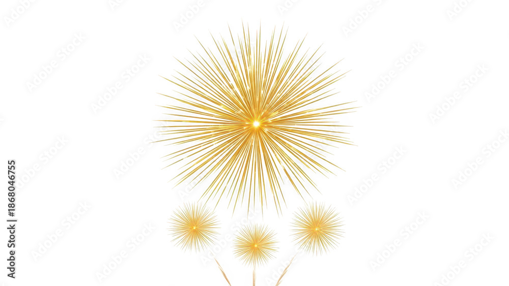 Obraz premium Decorative golden fireworks explosion with sparkling rays and smaller bursts on a transparent background for celebration