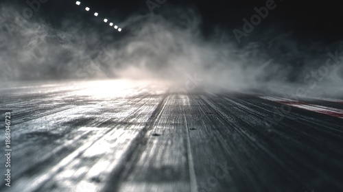 Smoky racetrack surface under bright lights at night in perspective
