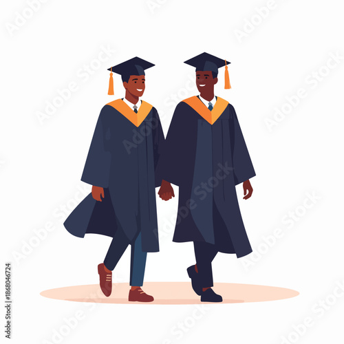 Two graduates holding hands and walking together in their caps and gowns