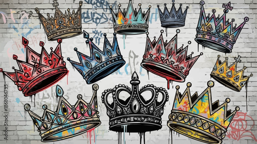 Collection of ornate crowns in various styles and colors.