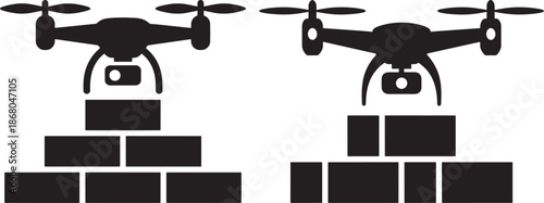 Industrial Delivery Drone Building Wall with Bricks Silhouette Icon for Construction Automation Technology