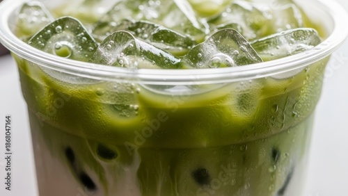 Close-up of Chilled Matcha Latte Featuring Textured Ice and Condensation