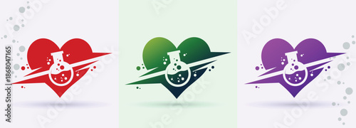 Heart chemistry beaker swoosh logo health wellness care science laboratory biotech brand icon