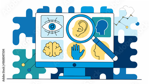 Vibrant infographic of brain and senses on computer screen