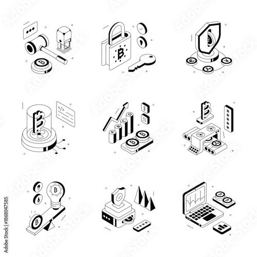 Trendy and modern isometric illustrations set of digital assets and finance security