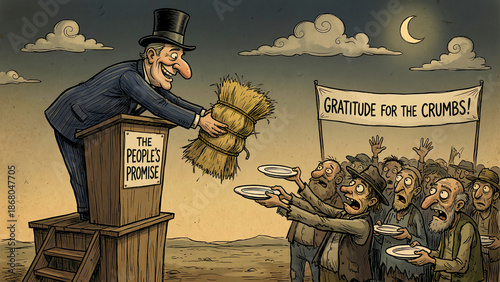 Cartoon illustration depicting a well-dressed politician offering a small bundle of straw from a podium labeled 